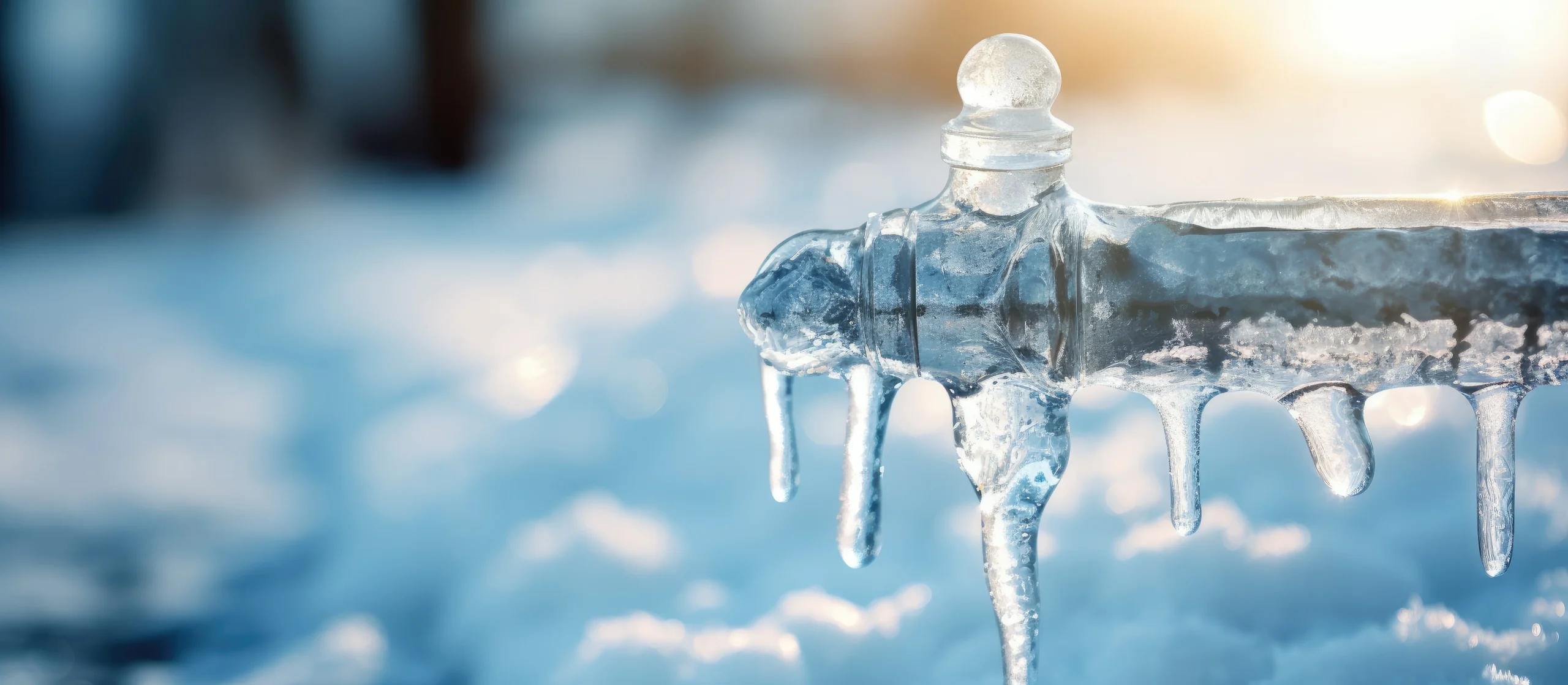 Frozen pipe with snow in background